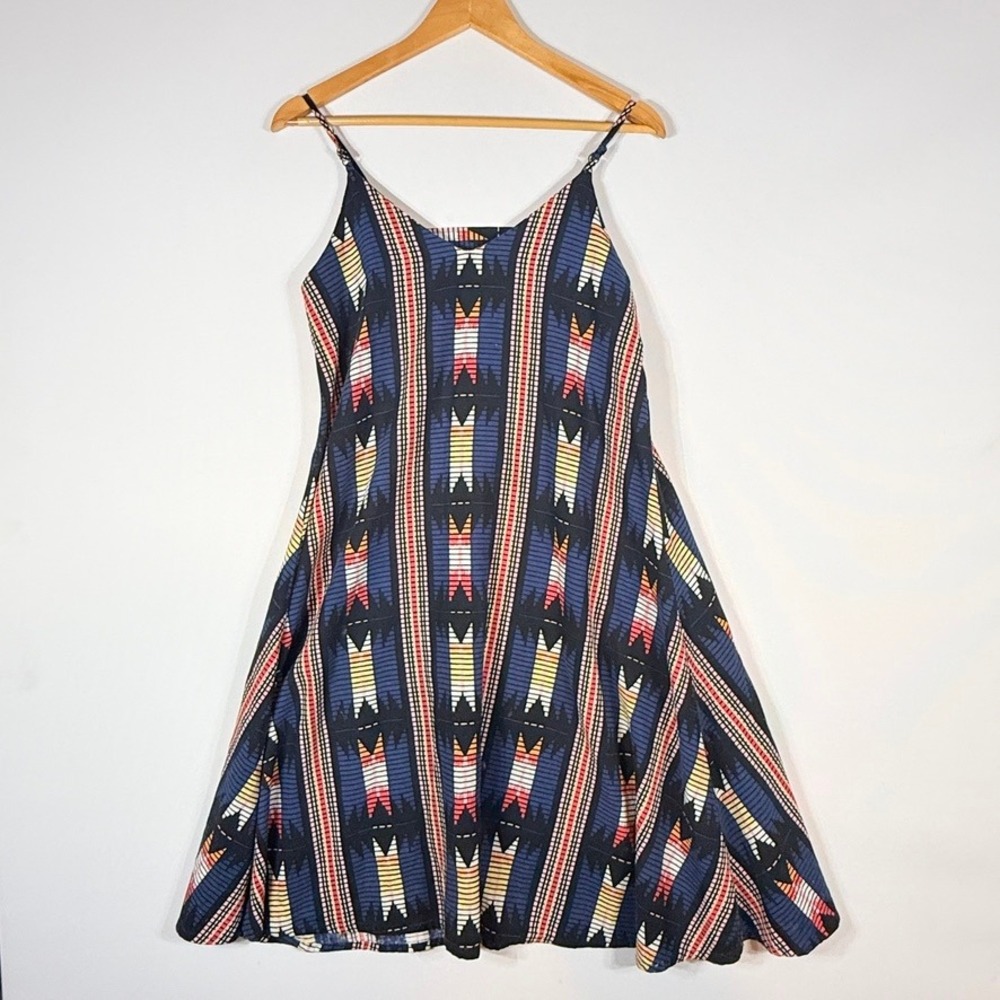 Bel Kazan Small‎ Dress Blue Tribal Print Rayon Linen Women Boho Festival Desert
